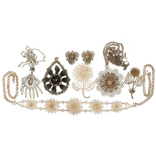 3455 - Vintage and later silver and white metal filigree jewellery including brooches and necklaces, total ... 