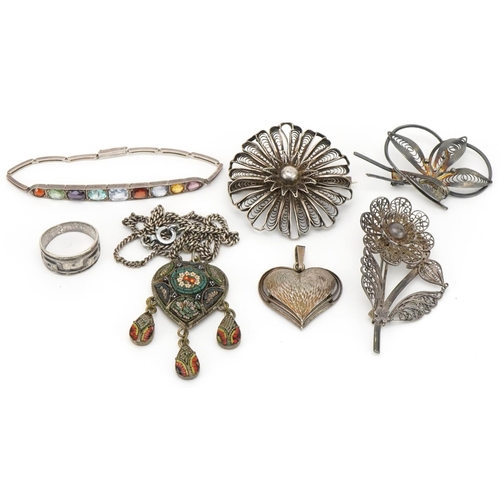 3425 - Vintage and later silver and white metal jewellery including an Italian micro mosaic pendant and fil... 