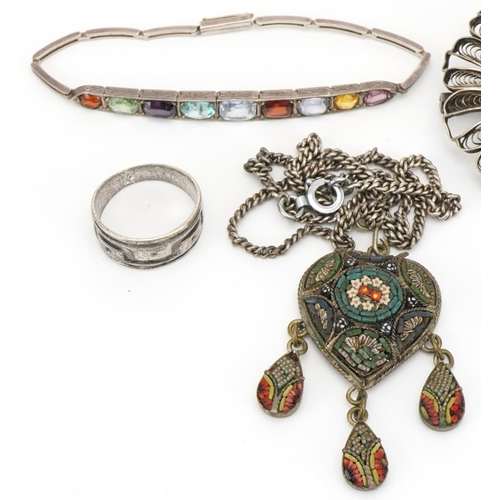 3425 - Vintage and later silver and white metal jewellery including an Italian micro mosaic pendant and fil... 