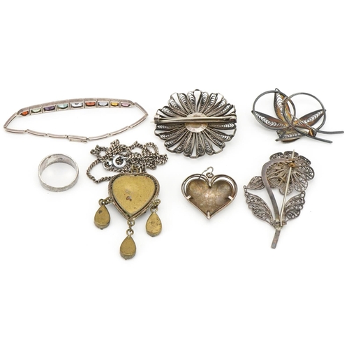 3425 - Vintage and later silver and white metal jewellery including an Italian micro mosaic pendant and fil... 