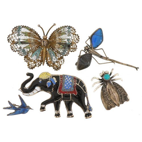 3239 - Five vintage and later silver brooches including enamelled Indian elephant, butterfly wing, dragonfl... 