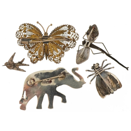 3239 - Five vintage and later silver brooches including enamelled Indian elephant, butterfly wing, dragonfl... 