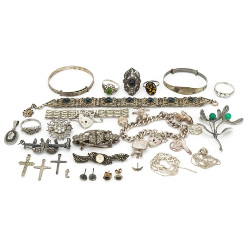 3509 - Antique and later silver and white metal jewellery, some marcasite, including charm bracelet, Art De... 