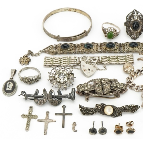 3509 - Antique and later silver and white metal jewellery, some marcasite, including charm bracelet, Art De... 