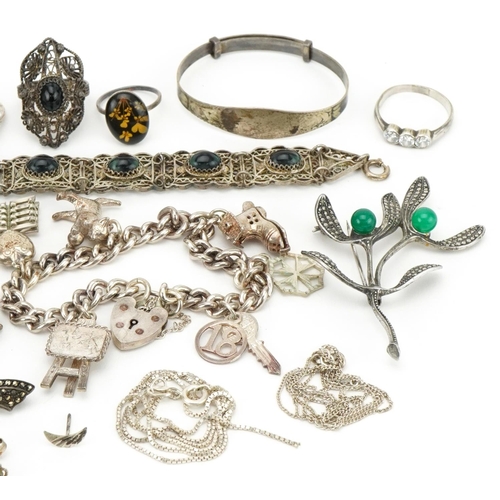 3509 - Antique and later silver and white metal jewellery, some marcasite, including charm bracelet, Art De... 