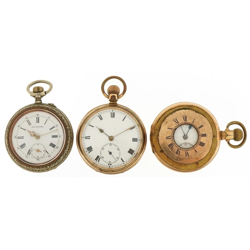 3531 - Two gentlemen's gold plated pocket watches and a white metal example embossed with St George and the... 