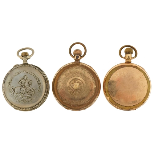 3531 - Two gentlemen's gold plated pocket watches and a white metal example embossed with St George and the... 