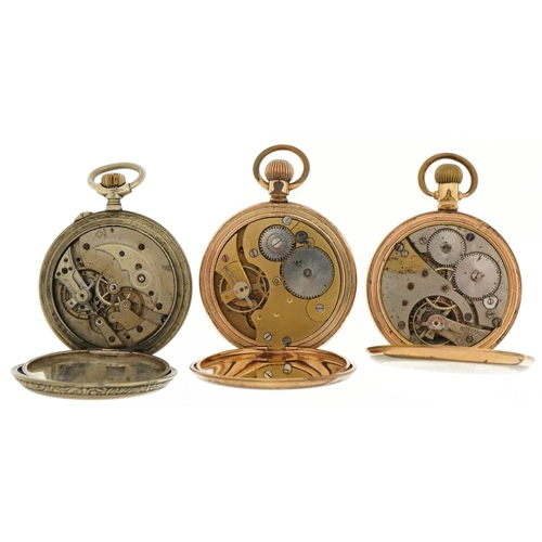 3531 - Two gentlemen's gold plated pocket watches and a white metal example embossed with St George and the... 