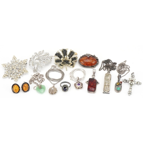 3532 - Vintage and later silver and white metal jewellery, some set with semi precious stones including amb... 