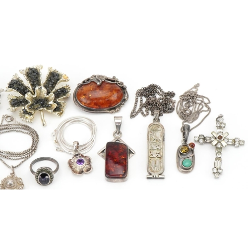 3532 - Vintage and later silver and white metal jewellery, some set with semi precious stones including amb... 