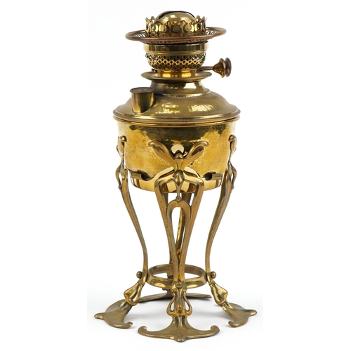 71 - Arts & Crafts brass oil lamp, Thermidor Belge Pat, 34cm high