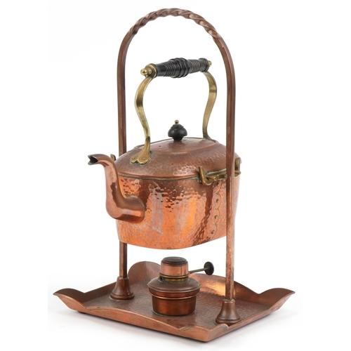 68 - Arts & Crafts copper and brass kettle on stand numbered 3, maker's mark to stand, 38cm high