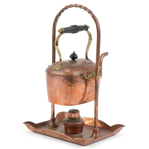 68 - Arts & Crafts copper and brass kettle on stand numbered 3, maker's mark to stand, 38cm high