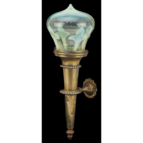 87 - Arts & Crafts brass wall light with Vaseline glass shade, 37cm in length