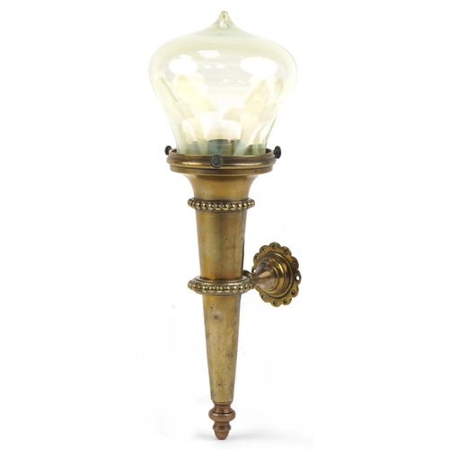 87 - Arts & Crafts brass wall light with Vaseline glass shade, 37cm in length