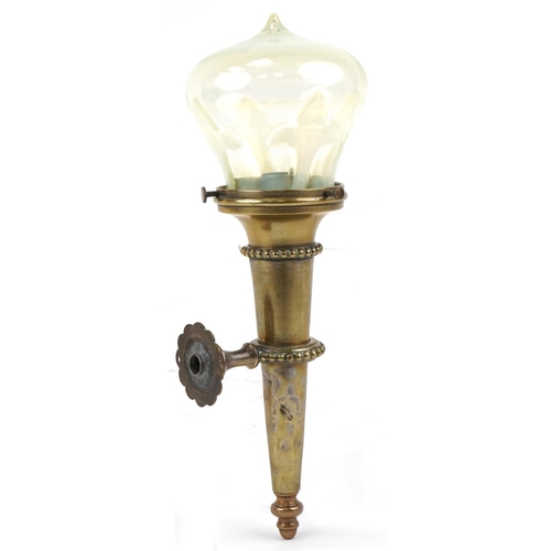 87 - Arts & Crafts brass wall light with Vaseline glass shade, 37cm in length