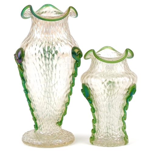 510 - Two Austrian Kralik frilled glass vases, the largest 25cm high