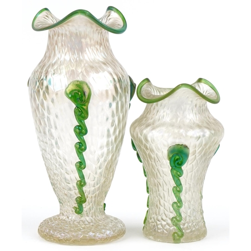 510 - Two Austrian Kralik frilled glass vases, the largest 25cm high