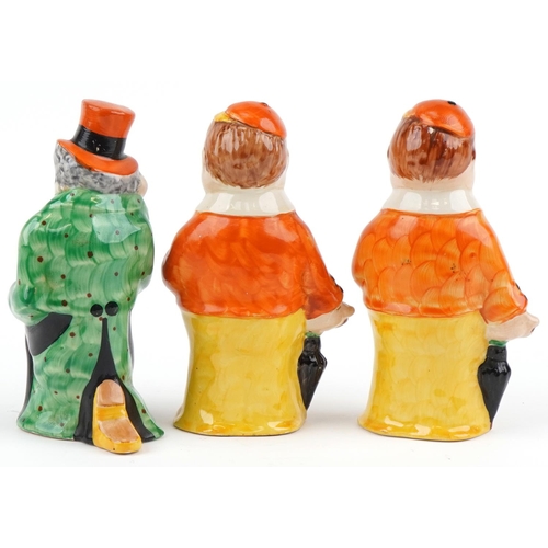 422 - Three hand painted pottery Alice in Wonderland figures, Mad Hatter, Tweedle Dee and Tweedle Dum, eac... 