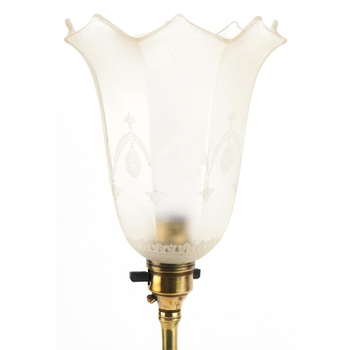 91 - Arts & Crafts brass railway carriage lamp with etched glass shade, 45cm high