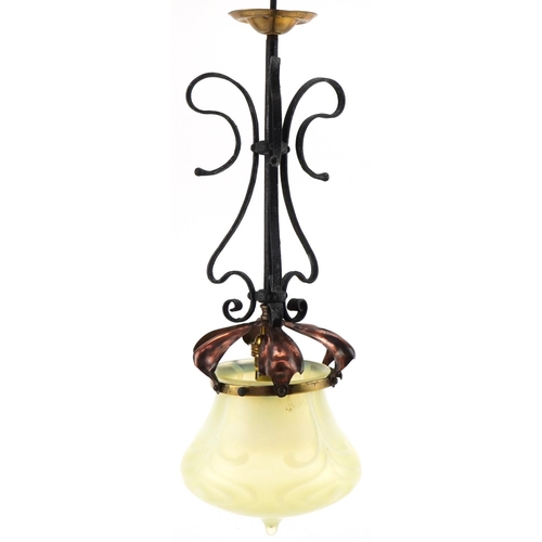 52 - Arts & Crafts copper, wrought iron and brass hanging lamp with Vaseline glass shade, 47cm high