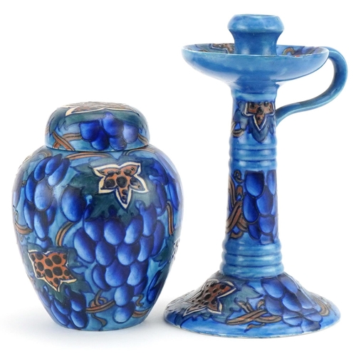 298 - Charlotte Rhead for Bursley Ware Blue Grape design Chamber stick numbered 585 to the base together w... 