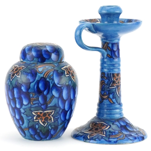 298 - Charlotte Rhead for Bursley Ware Blue Grape design Chamber stick numbered 585 to the base together w... 