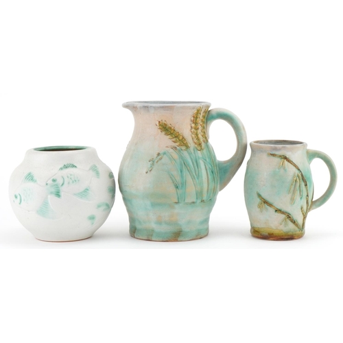 444 - Denby Danesby Ware wheatsheaf jug, willow mug and a fish vase, the largest 20cm high