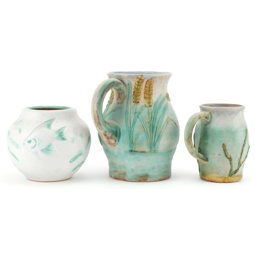 444 - Denby Danesby Ware wheatsheaf jug, willow mug and a fish vase, the largest 20cm high