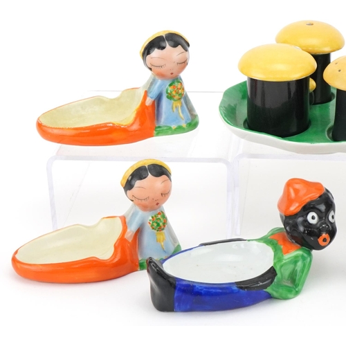 424 - Carlton Ware bellboy table bell, novelty ashtrays, cruet set and drums, the largest 13cm high