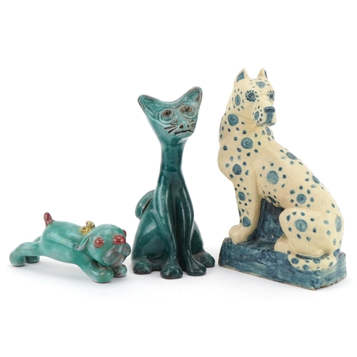 430 - Baron stylized cat, Denby style hound dog with blue spots and a cute puppy, the largest 19cm high