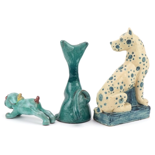 430 - Baron stylized cat, Denby style hound dog with blue spots and a cute puppy, the largest 19cm high