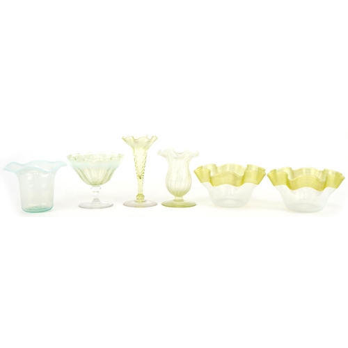 291 - Vaseline glass including striped glass dishes and a posy vase, the largest 13cm high