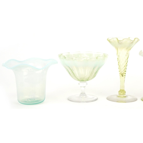 291 - Vaseline glass including striped glass dishes and a posy vase, the largest 13cm high