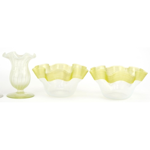 291 - Vaseline glass including striped glass dishes and a posy vase, the largest 13cm high