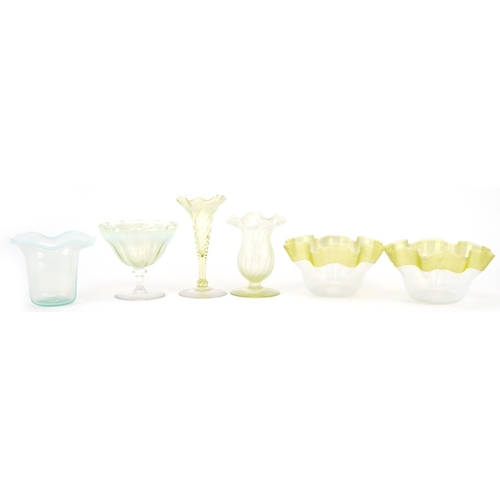 291 - Vaseline glass including striped glass dishes and a posy vase, the largest 13cm high