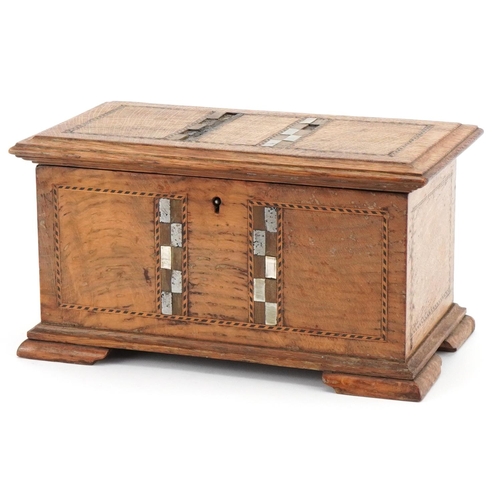 164 - Arts & Crafts oak trinket box inset with metal marquetry panels, 13cm H x 23cm W x 12cm D