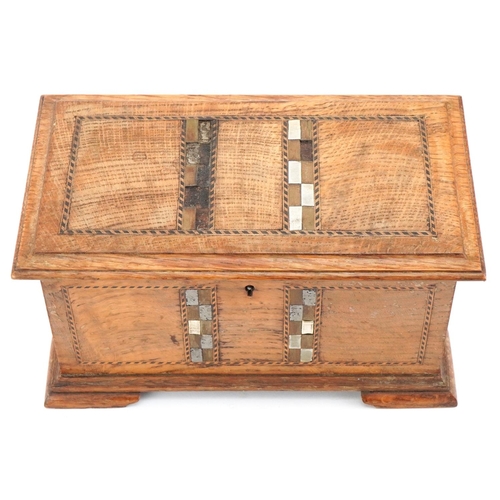 164 - Arts & Crafts oak trinket box inset with metal marquetry panels, 13cm H x 23cm W x 12cm D