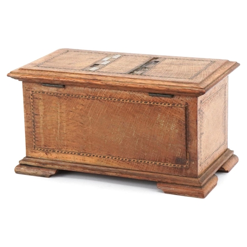 164 - Arts & Crafts oak trinket box inset with metal marquetry panels, 13cm H x 23cm W x 12cm D