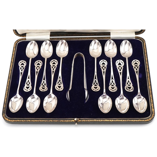 1276A - Boxed set of J S & S Art Nouveau silver plated teaspoons and sugar tongs