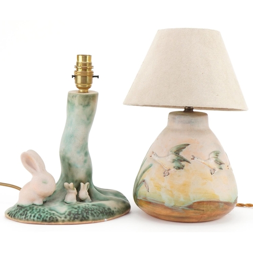 448 - Denby Danesby Ware cute bunny table lamp and a birds in flight table lamp with shade, the largest 31... 