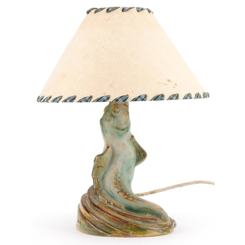 436 - Bourne Denby Danesby Ware fish table lamp with contemporary shade, 38cm high