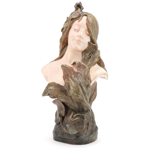 454 - Large Austrian terracotta bust Ondine by Champagne, mark to the reverse, 57cm high