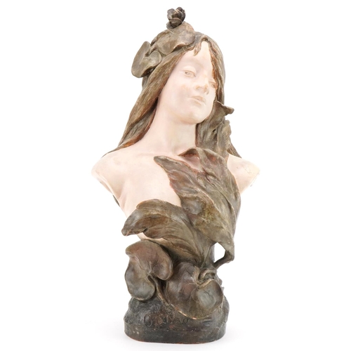 454 - Large Austrian terracotta bust Ondine by Champagne, mark to the reverse, 57cm high