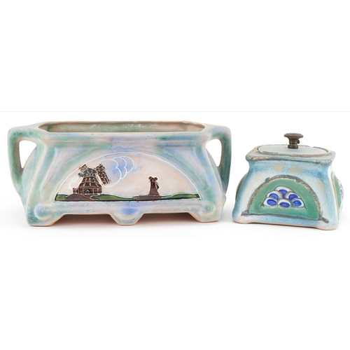 451 - Arts & Crafts Clifton pottery box and cover together with a similar windmill design planter, the lar... 