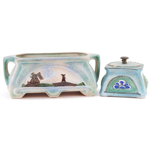 451 - Arts & Crafts Clifton pottery box and cover together with a similar windmill design planter, the lar... 