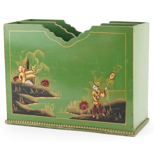 1307 - Green japanned lacquered magazine rack decorated with figures, 23cm H x 30cm W x 13cm D