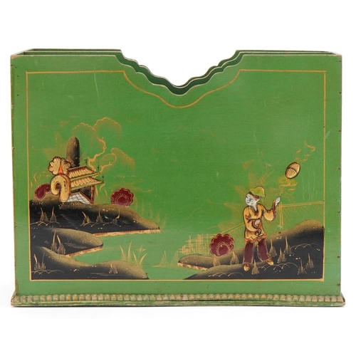 1307 - Green japanned lacquered magazine rack decorated with figures, 23cm H x 30cm W x 13cm D