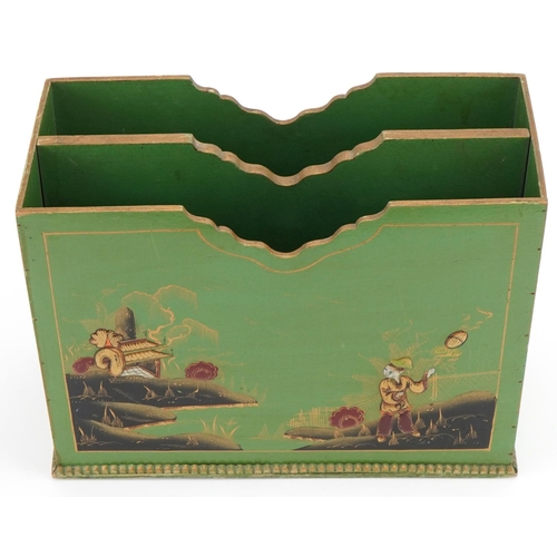 1307 - Green japanned lacquered magazine rack decorated with figures, 23cm H x 30cm W x 13cm D