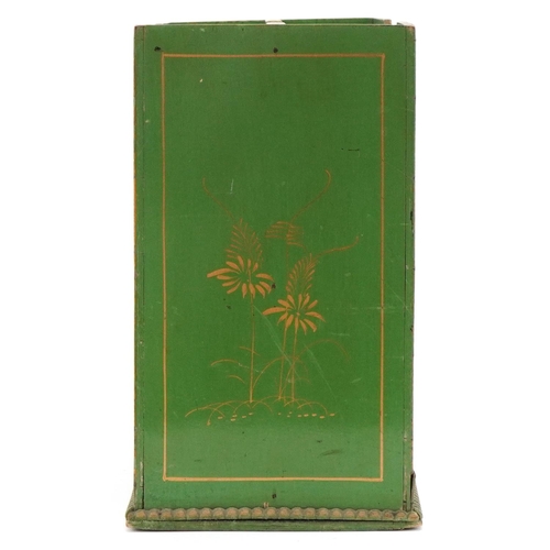 1307 - Green japanned lacquered magazine rack decorated with figures, 23cm H x 30cm W x 13cm D